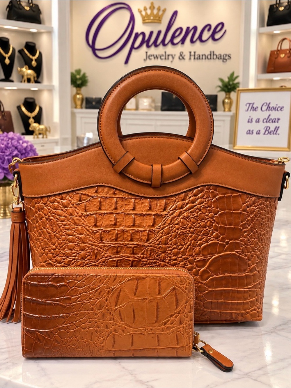 Croc-Embossed Circle Handle Tote & Wallet Set — Tan